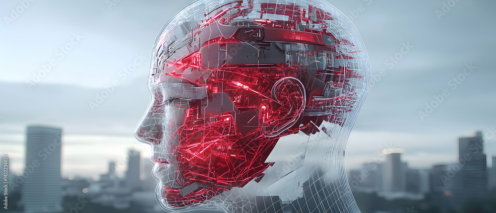Aufkleber digital art depicting a futuristic head with glowing red circuitry. ideal for tech-related projects 