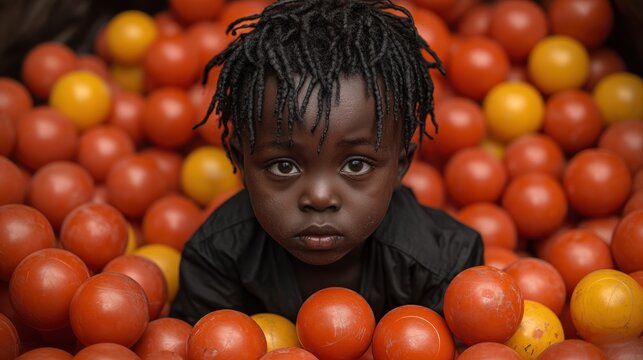 Child amidst a sea of playful spheres eyes gazing intensely from within a vibrant ball pit
