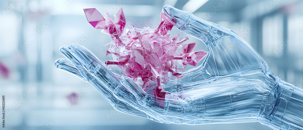 Poster a digital rendering depicts a translucent hand cradling a cluster of pink crystalline structures sug