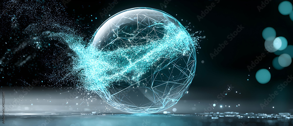 Poster abstract digital art depicting a network within a sphere with particle effects. suitable for technol