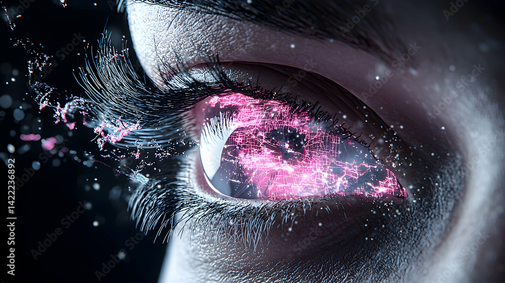 Poster a futuristic eye with a digital circuit pattern symbolizes artificial intelligence technology. ideal