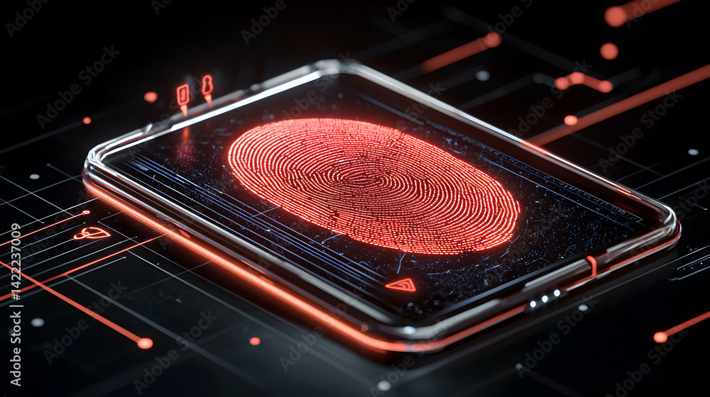Poster image depicts a digital fingerprint on a smartphone screen suggesting biometric security. it implies