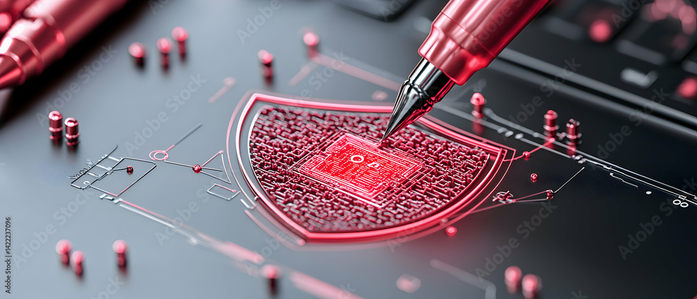 Poster an abstract image highlighting cybersecurity concepts with a shield and pen. suggests protection aga