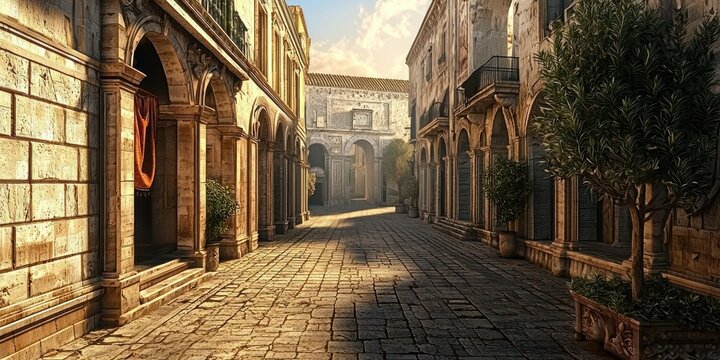 Fototapeta Breathtaking 3D perspective of an old Roman-style city street.