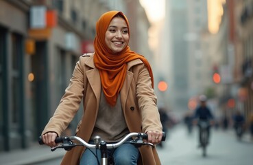 Naklejka premium Beautiful young Muslim woman in hijab rides bicycle city street. Smiling happy female embraces freedom, confidence. Cycling lifestyle. Urban adventure, recreation.