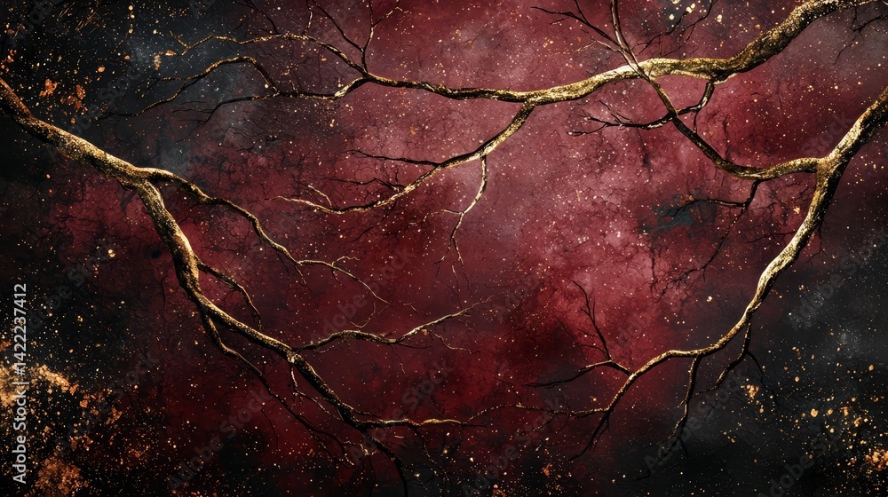 Aufkleber Painting of a tree with gold branches and red leaves. The tree branches are surrounded by a red background with a black sky. The painting has a warm and inviting mood, with the gold branches