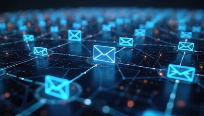 Obraz premium Digital age tech concept of email communication. Email icons, network links represent modern marketing campaigns. Online messaging, virtual correspondence via internet.