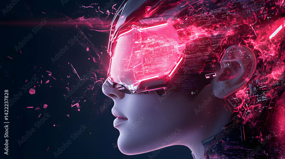 Poster a futuristic image shows a person with a glowing vr headset. the vibrant red and tech elements sugge