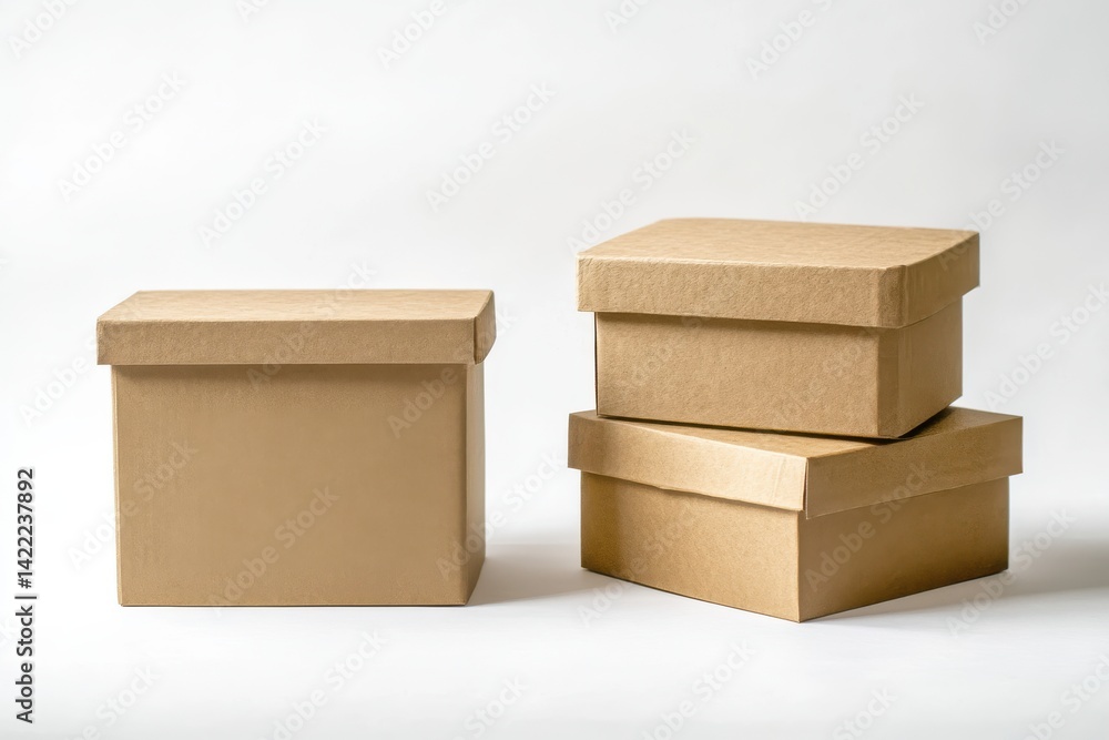 Poster a stack of three boxes next to a single box on a white surface in a studio setting with soft lightin