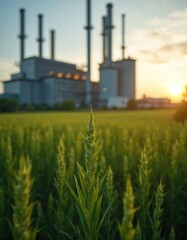 Biogas power plant in rural area, green energy factory. Crop field foreground, sustainable industrial concept. Renewable energy source, eco-friendly tech for environment conservation. Clean energy