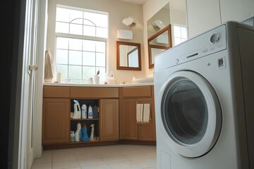 A white washing machine is located in the center of an American-style bathroom, with wooden
