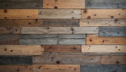 Reclaimed mixed barn wood wall paneling. Rustic weathered timber planks, rough surface with vintage distressed look. Natural wooden background texture, ideal for home decor, interior design.