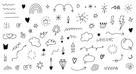 Playful Hand Drawn Doodle Elements Collection with Arrows, Hearts, and Stars