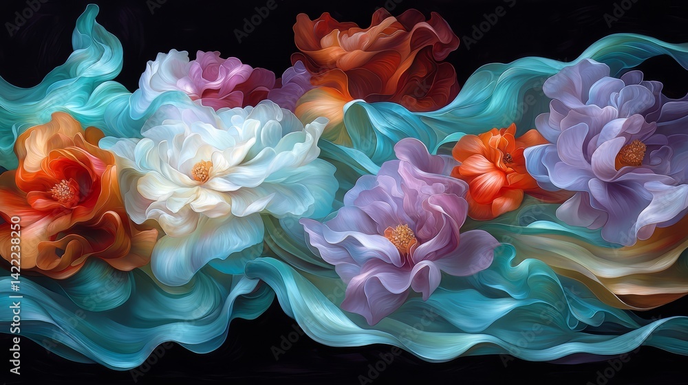 Poster painting of flowers with a blue background. the flowers are in various colors and are arranged in a 