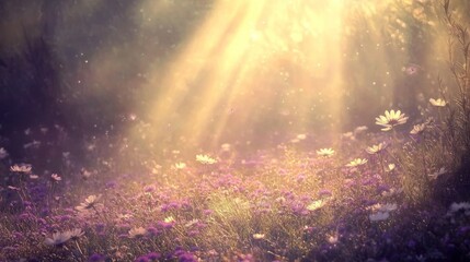 Sunlight streams through meadow flowers