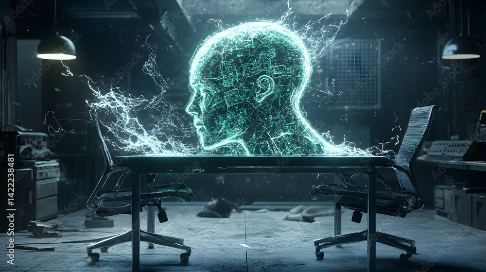 Poster a futuristic scene featuring a glowing head hologram above a desk. possible ai research lab or virtu