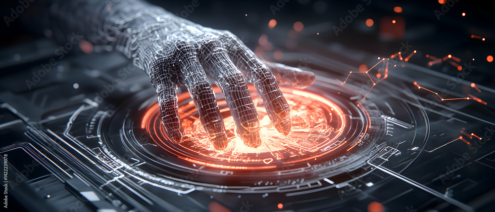 Poster a robotic hand interacts with a futuristic interface. this image could be used to illustrate concept