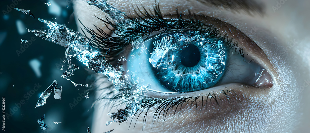 Poster intricate eye with a crystal shatter effect evoking emotions of vulnerability and transformation. id
