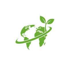 Green Globe and Leaf: A vibrant graphic symbol, depicting the Earth entwined with a ring and a flourishing leaf, evokes themes of environmental consciousness, sustainability.