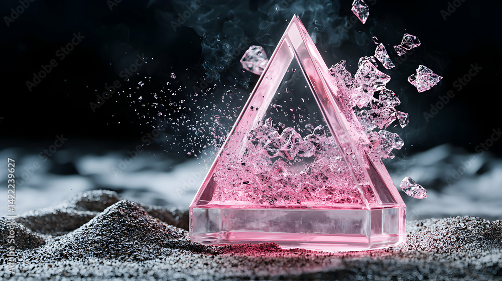 Poster abstract pink crystal triangle with bursting water and particles on a grainy surface. use it for cos