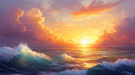 Fototapeta premium Golden Sunset Over Turbulent Ocean