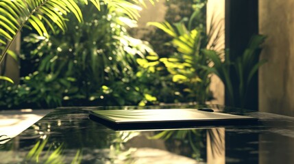 Empty Tablet on Marble Table, Lush Garden