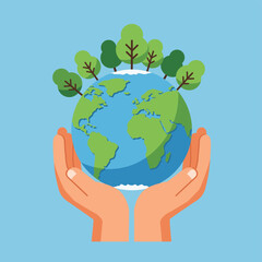 Protecting Our Planet: A pair of hands gently cradles the Earth, surrounded by lush green trees, symbolizing environmental conservation and sustainability.