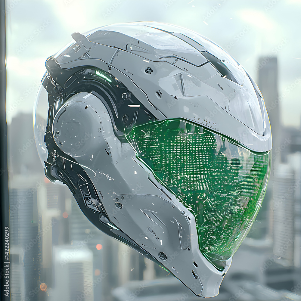 Aufkleber a futuristic helmet with an electronic visor floating against a city backdrop. possible application 