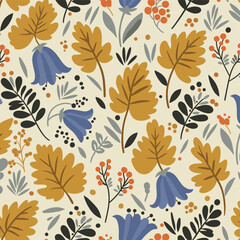 Floral Foliage: A beautiful pattern of golden-toned leaves, graceful bluebell blossoms, and delicate sprigs, seamlessly intertwining to create a charming floral tapestry. 