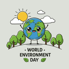 World Environment Day Illustration: A vibrant cartoon illustration of the Earth, embracing nature with a cheerful smile, celebrating World Environment Day. 
