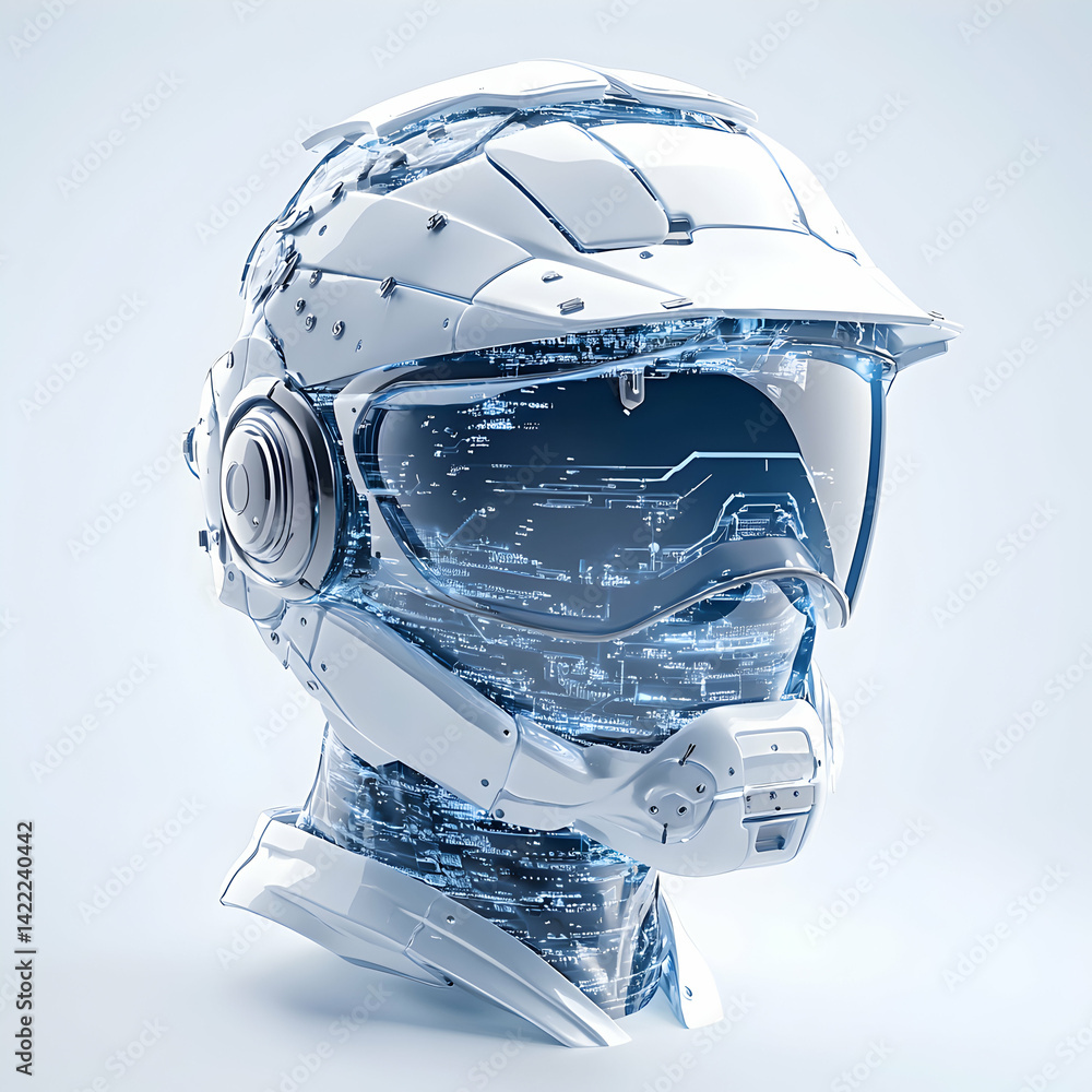 Poster futuristic helmet design showcasing advanced technology and circuit board visuals. ideal for sci-fi 