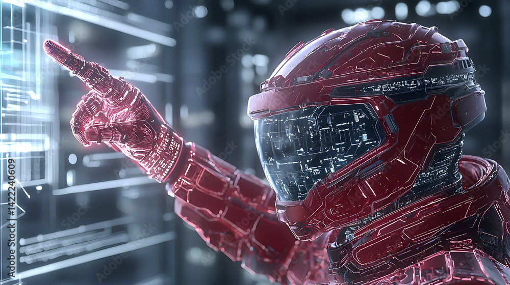 Poster a futuristic cyborg points at holographic data. application for sci-fi illustrations or tech-related
