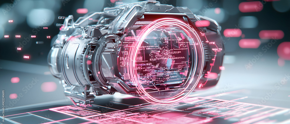 Poster futuristic camera concept with advanced technology and glowing details. ideal for tech advertisement