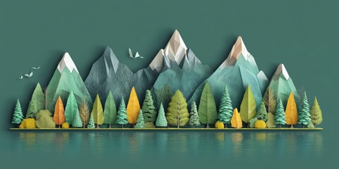 Fototapeta premium Colorful paper cut mountains and trees landscape with reflection in water