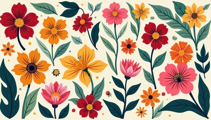 Bold stylized floral motifs arranged in a square grid , bloom, seamless