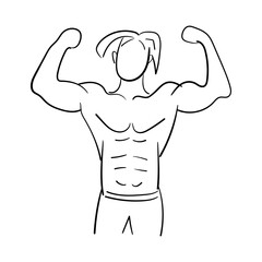 Line art illustration of a muscular man showing his biceps or hand muscles.