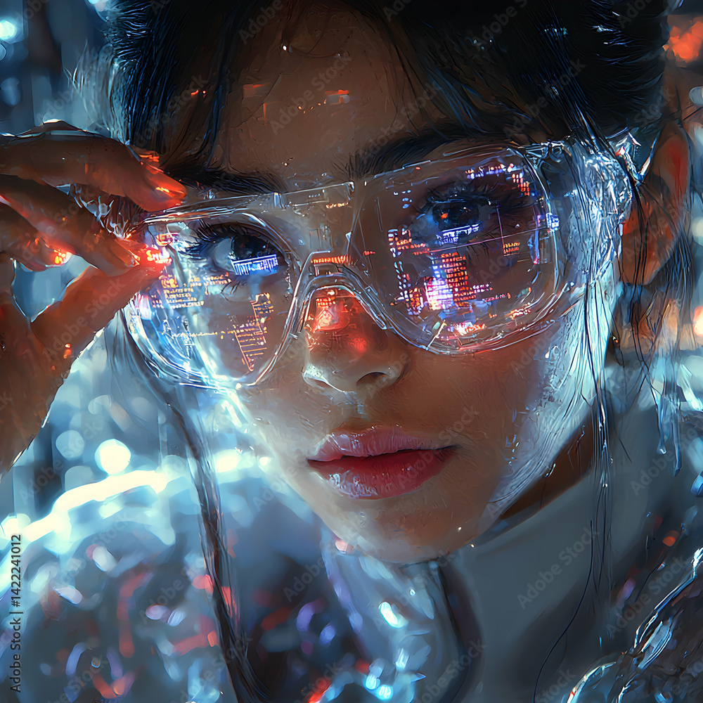 Poster a futuristic portrait. a woman wears advanced tech goggles reflecting data. perfect for sci-fi game 