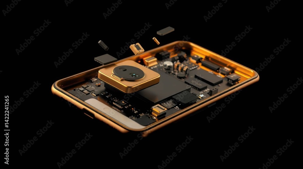 Poster smartphone internal components exposed in a technological display mockup