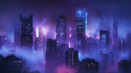Fototapeta premium Neon Cityscape at Night in Fog