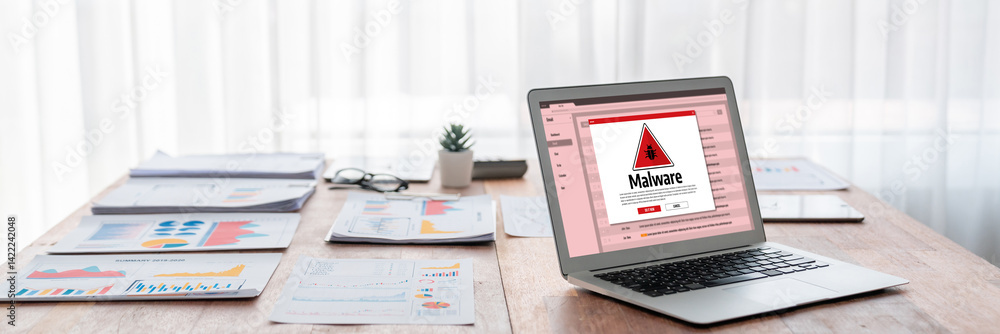 Poster cyber attacking concept. malware alert showing on computer screen display scam and threat detection 