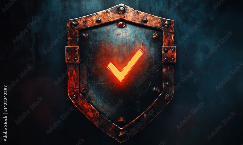 Poster shield with glowing check mark symbolizing security and protection
