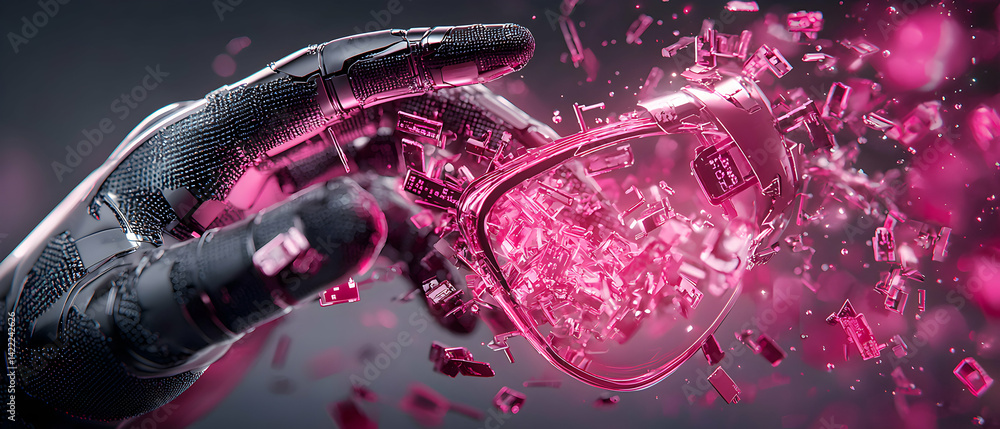 Poster a futuristic robotic hand interacts with a digital sphere breaking apart into fragments. it illustra