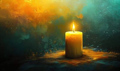 Illuminating candle glowing softly against a vibrant abstract background