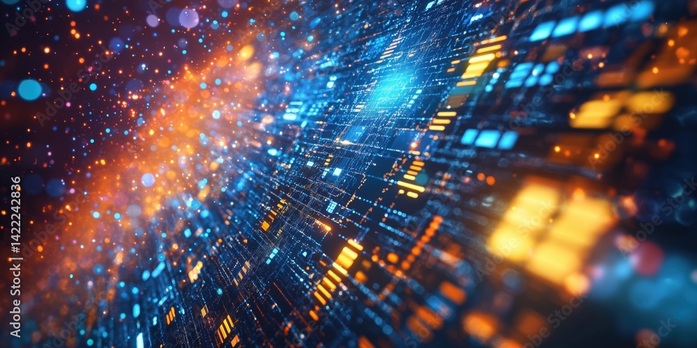 Poster abstract digital data flow with glowing particles and vibrant colors in 3d space
