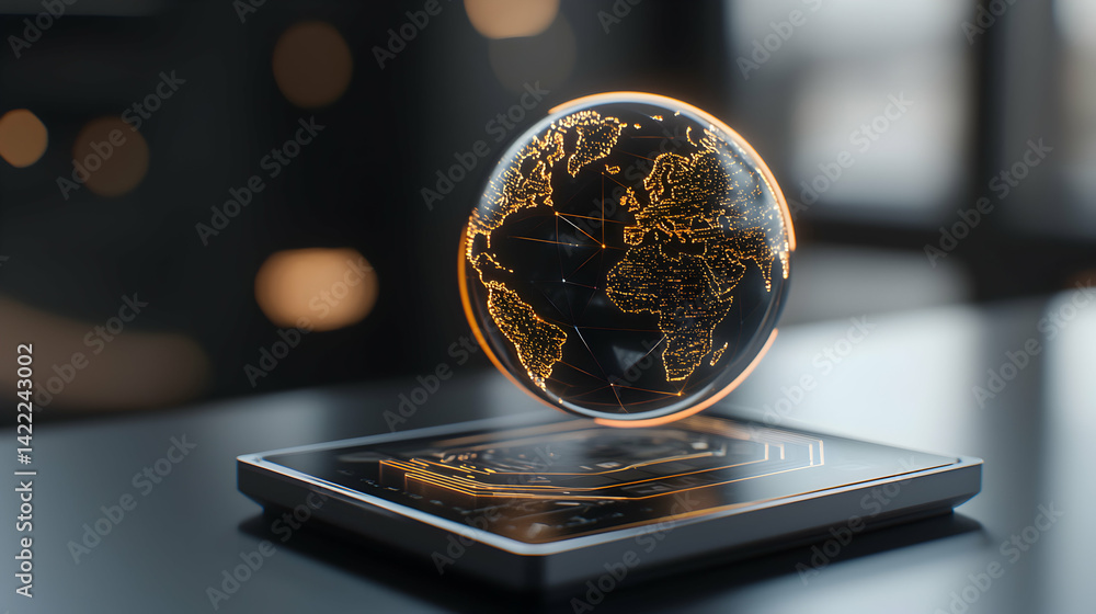 Aufkleber a globe with illuminated continents hovering above a circuit board. suggests global connectivity and
