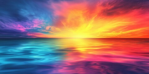 vibrant sunset over calm ocean waters with colorful reflections and dramatic clouds