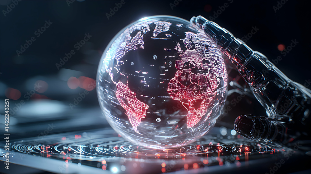 Aufkleber a futuristic image showing a glowing world globe in a robotic hand representing digital technology d