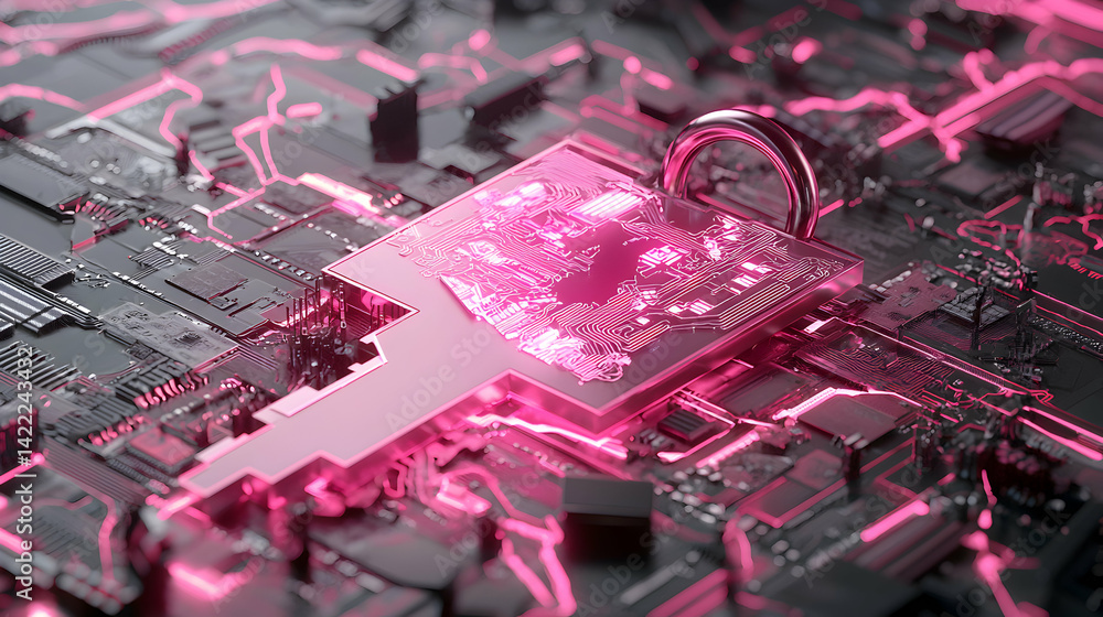 Poster a futuristic digital security concept features a key-shaped circuit board locked with a padlock repr