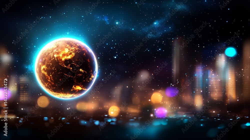 Aufkleber Planet with a bright orange surface is surrounded by a cityscape. The cityscape is lit up with a variety of colors, creating a vibrant and dynamic atmosphere