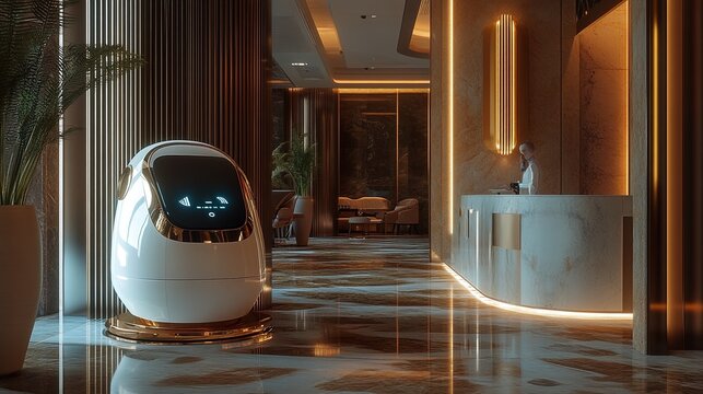 Futuristic Hotel Lobby with Robot Assistant